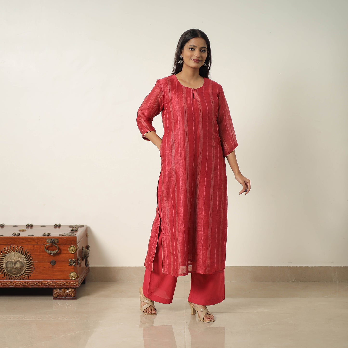 Red - Elegant Linen Silk Handloom Plain Kurta Set 08