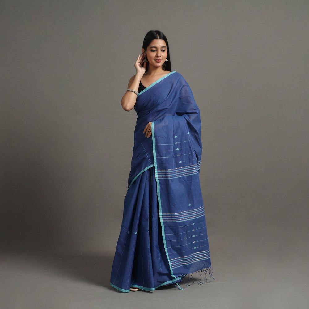 Blue - Jamdani Buti Zari Stripe Cotton Handloom Saree 79