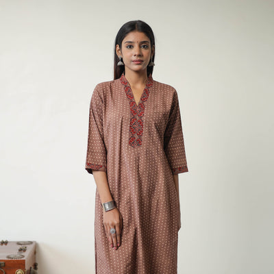 Brown - Block Printed Cotton Straight Ajrakh Kurta 21