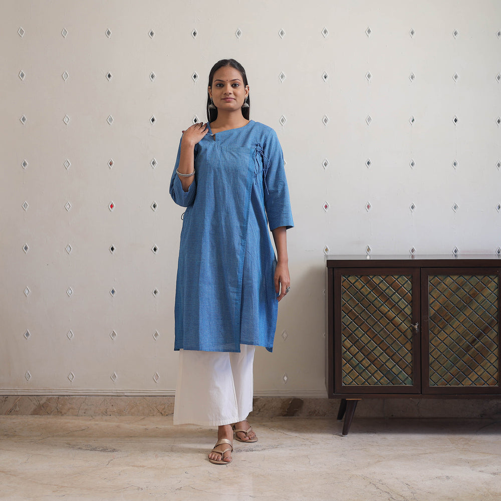 Blue - Handwoven Angrakha Checks Cotton Kurta 41