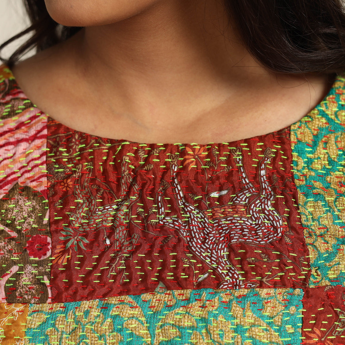 Multicolor - Hand Embroidery Silk Cotton Patchwork Kantha Stitch Blouse 02