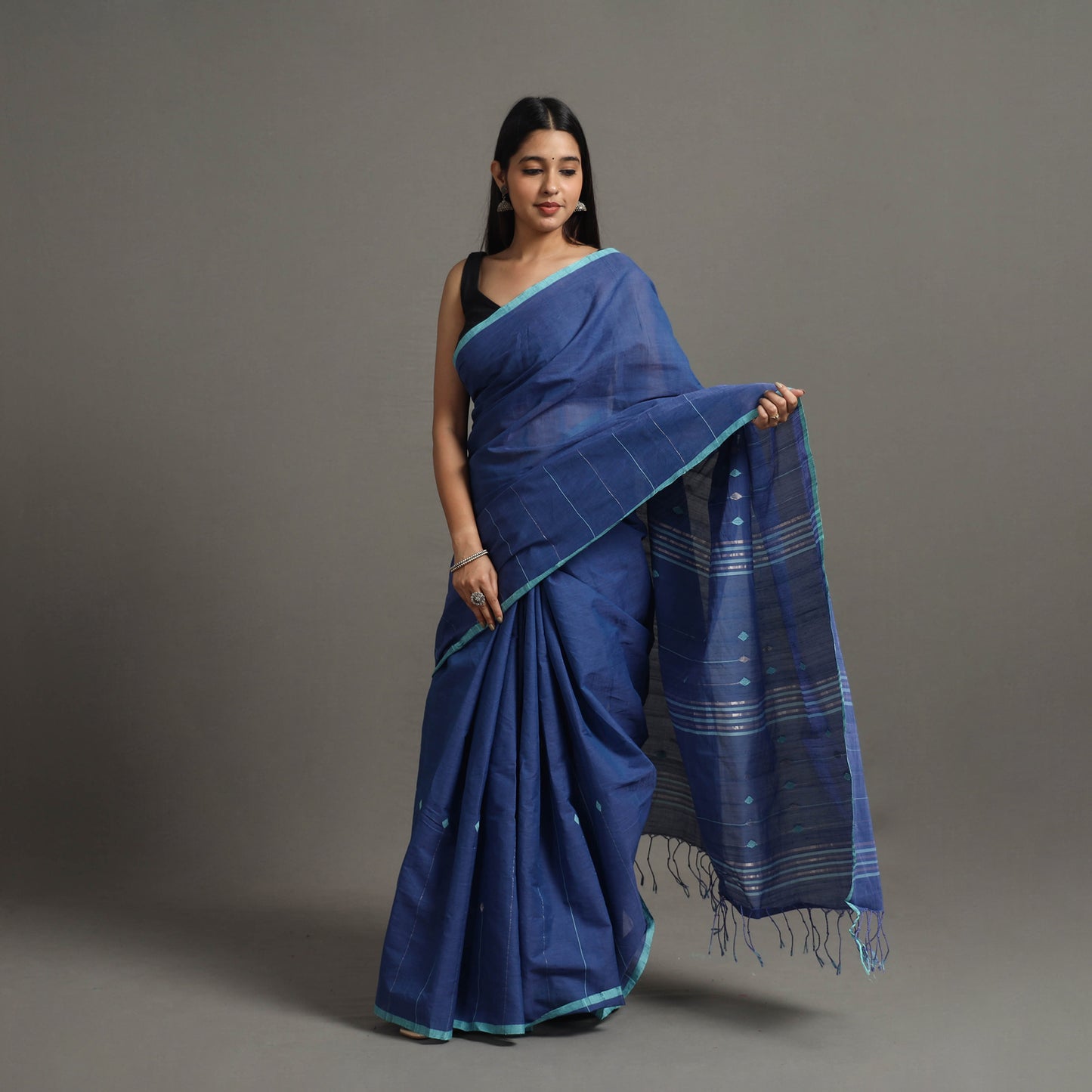 Blue - Jamdani Buti Zari Stripe Cotton Handloom Saree 79