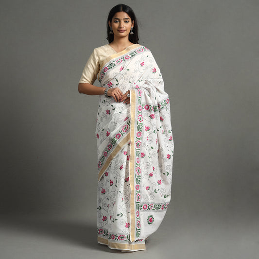 White - Bengal Kantha Embroidery Handloom Cotton Saree