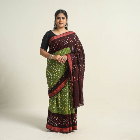 Green - Kutch Tie-Dye Cotton Bandhani Saree with Blouse Piece 47