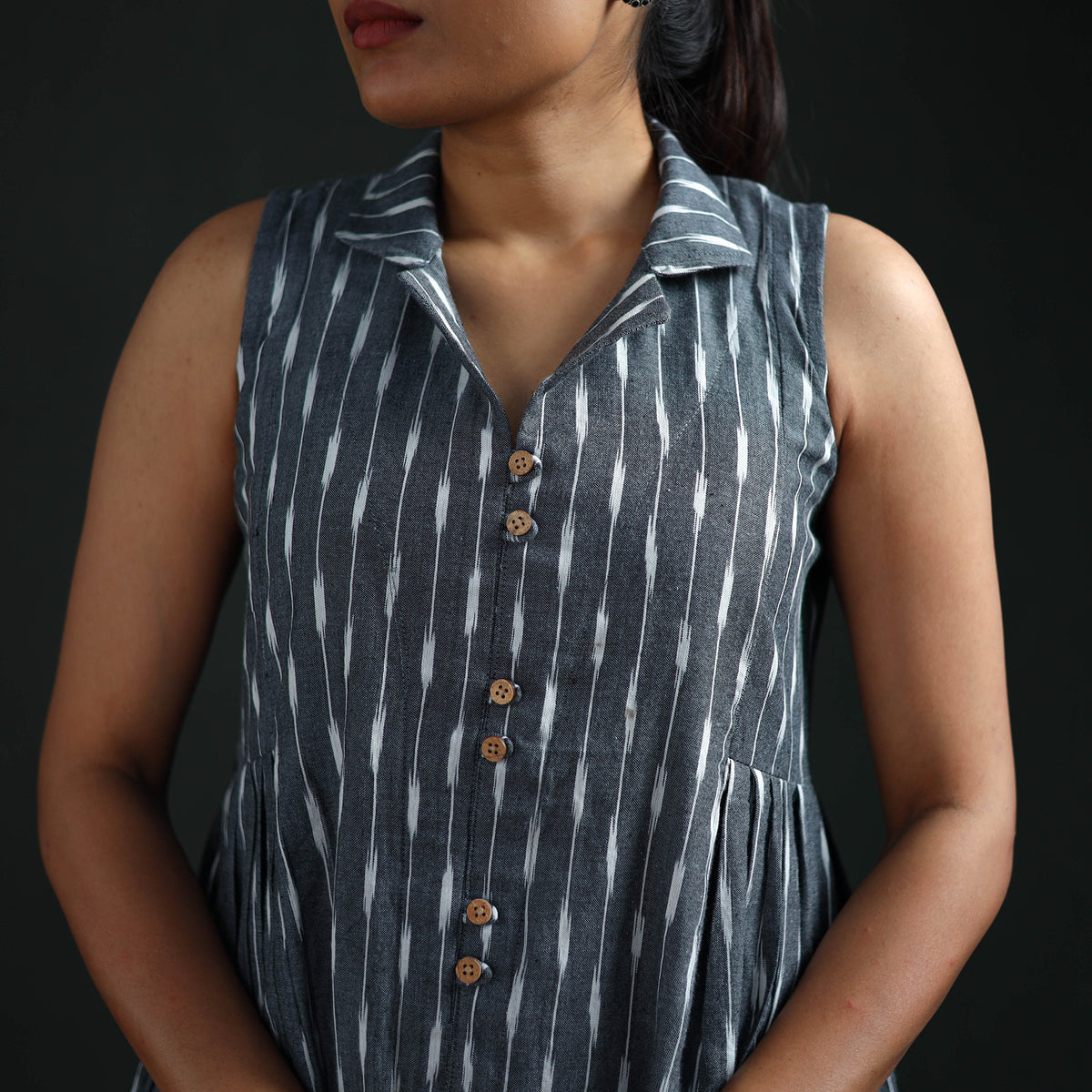 Pochampally Ikat Cotton Sleeveless Buttoned Down Long Dress for Women 11