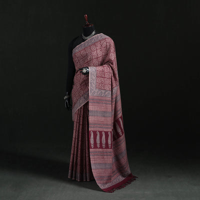 Handwoven Merino Wool Natural Dyed Hand Block Bagh Print Saree 03