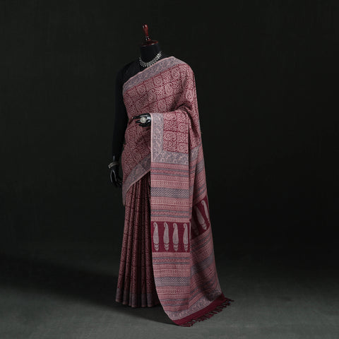 Handwoven Merino Wool Natural Dyed Hand Block Bagh Print Saree 03