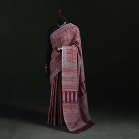 Handwoven Merino Wool Natural Dyed Hand Block Bagh Print Saree 03