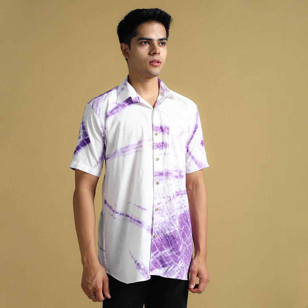 Purple - Shibori Tie-Dye Cotton Men Half Sleeve Shirt 03