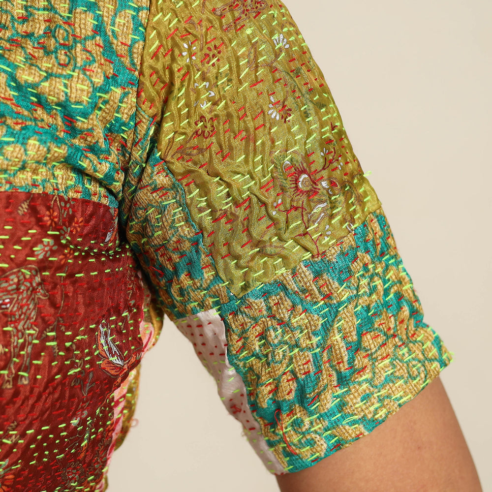 Multicolor - Hand Embroidery Silk Cotton Patchwork Kantha Stitch Blouse 02