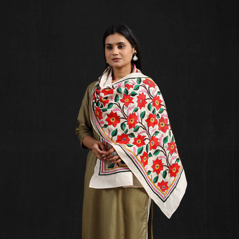 Beige - Handloom Silk Bengal Kantha Work Stole 66