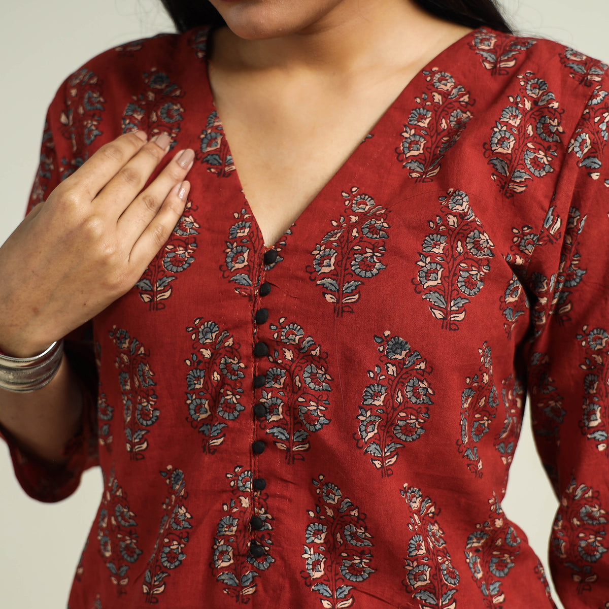 Red - with Butta Ajrakh Hand Block Printed Cotton Straight Kurta