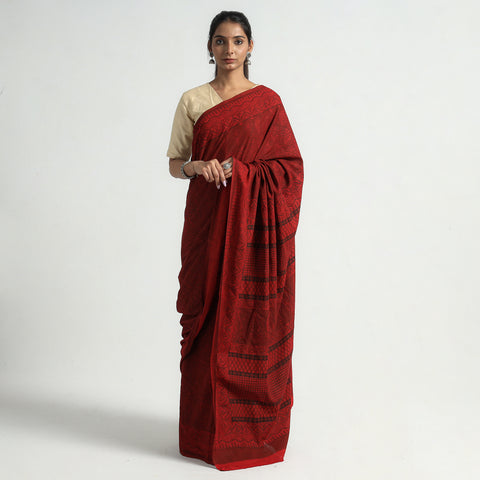 Red - Bagh Hand Block Printed Natural Dyed Cotton Saree