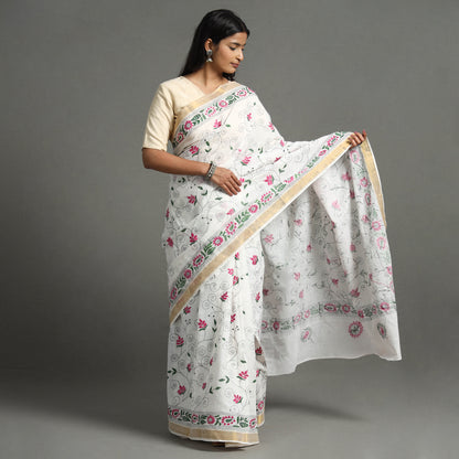 White - Bengal Kantha Embroidery Handloom Cotton Saree