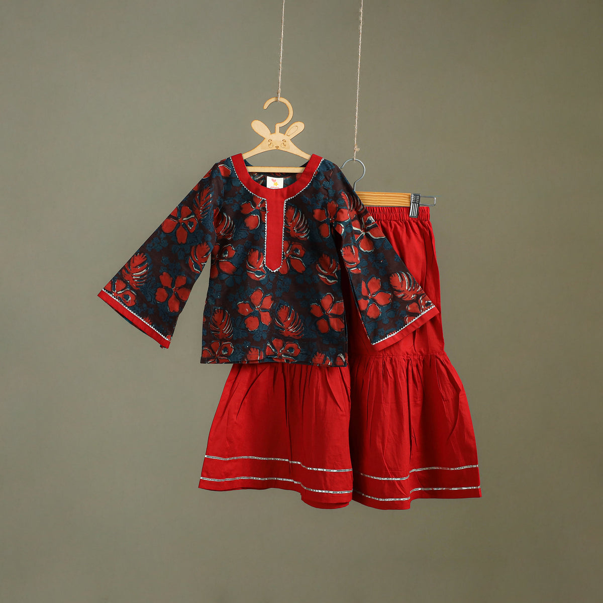 Girls Gota Work Bagru Block Print Cotton Kurta with Sharara Set (3-4 Years) 51