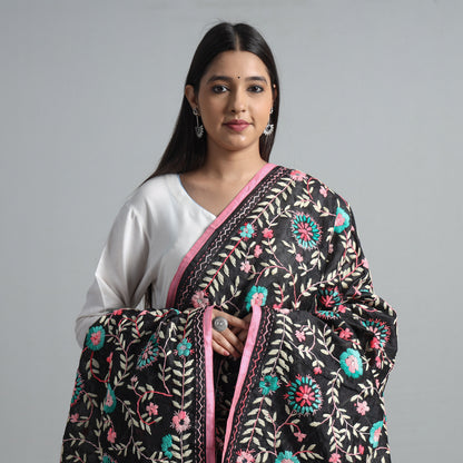 Black - Ranihati Chanderi Silk Chapa Work Phulkari Embroidered Dupatta 48