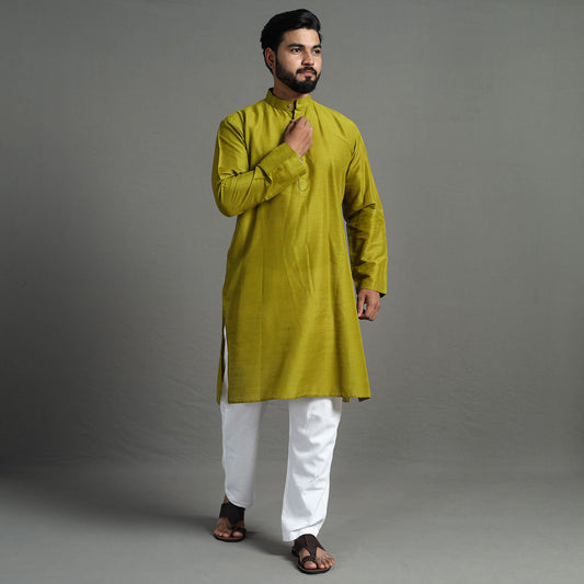 Mehndi Green - Plain Dyed Slub Silk Men Long Kurta