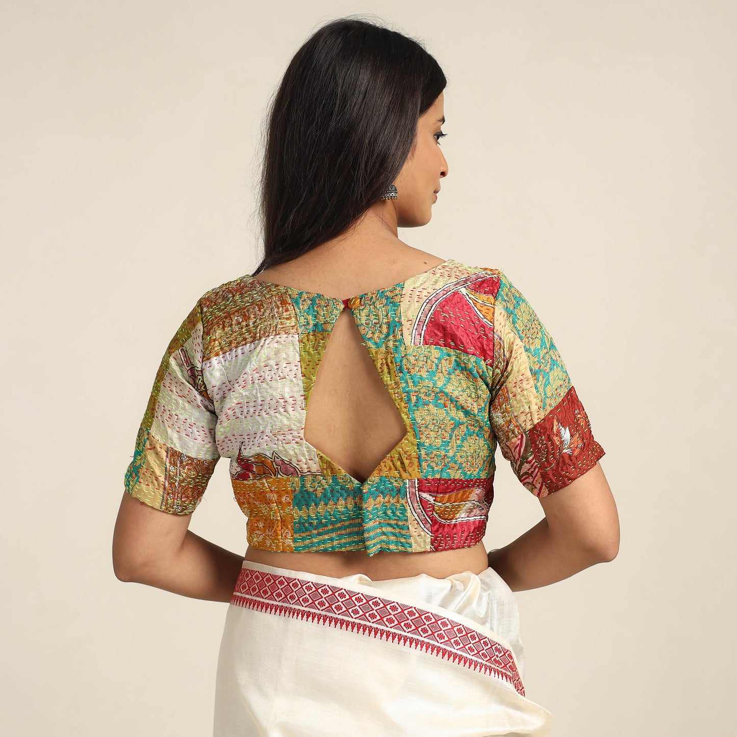 Multicolor - Hand Embroidery Silk Cotton Patchwork Kantha Stitch Blouse 02