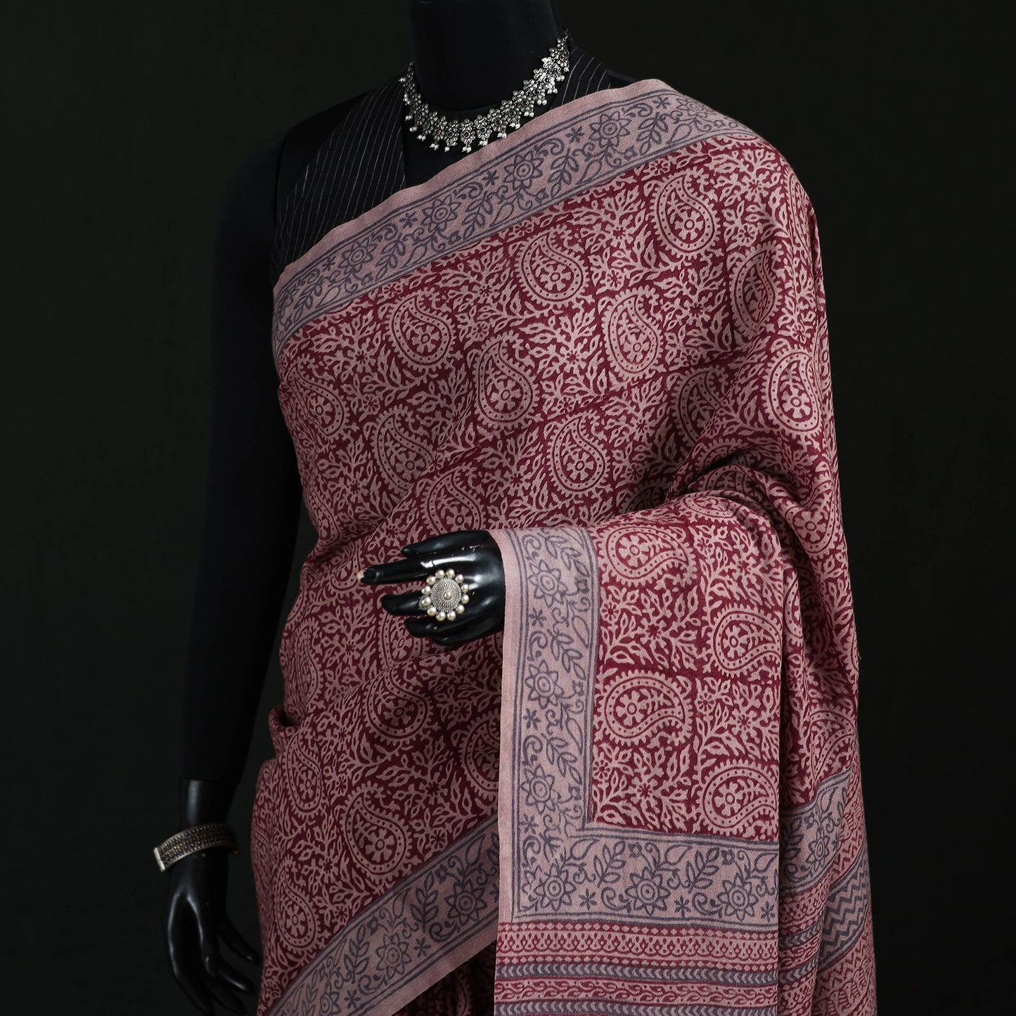Handwoven Merino Wool Natural Dyed Hand Block Bagh Print Saree 03