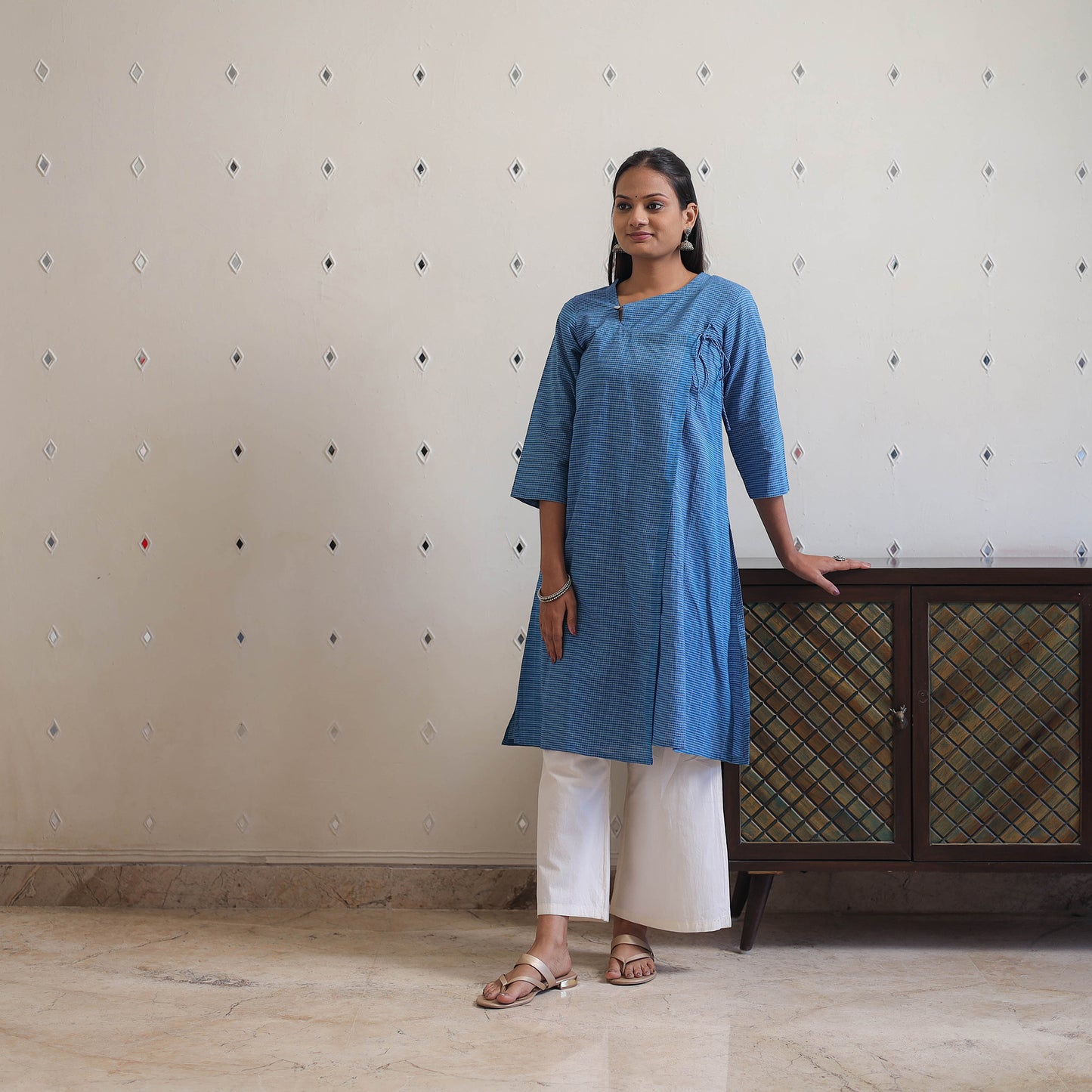 Blue - Handwoven Angrakha Checks Cotton Kurta 41