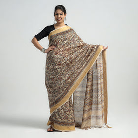 Brown Original Pedana Kalamkari Block Print Chanderi Silk Saree