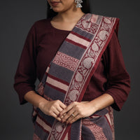 Grey - Handwoven Merino Wool Bagh Block Print Saree 04