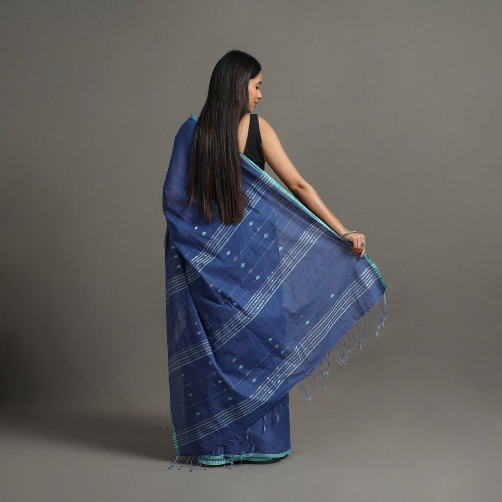 Blue - Jamdani Buti Zari Stripe Cotton Handloom Saree 79