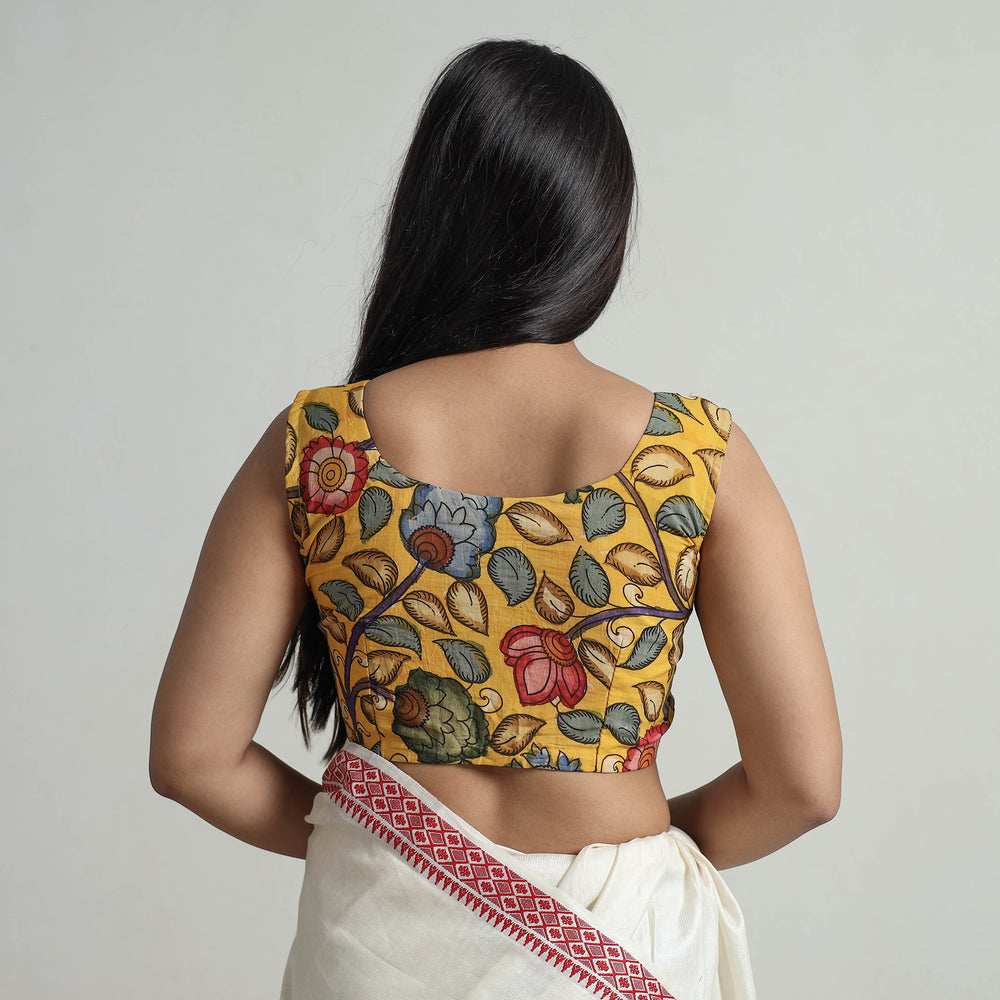 Yellow - Srikalahasti Handpainted Penwork Kalamkari Chanderi Silk Stitched Blouse 01