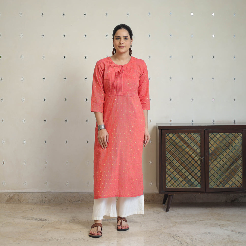 Peach - Jacquard Cotton Pintuck Straight Kurta 26