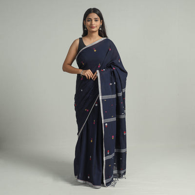 Blue - Handloom Cotton Phulia Jamdani Saree with Tassels 31