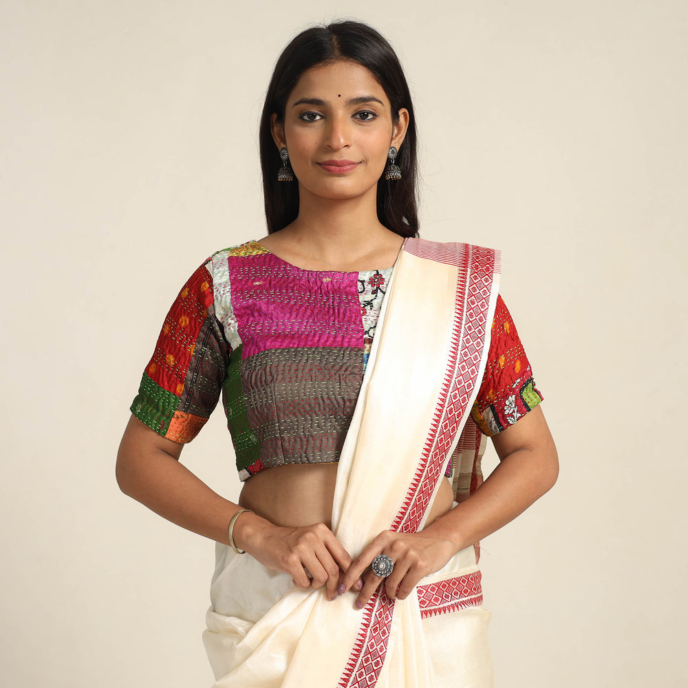 Multicolor - Hand Embroidery Silk Cotton Patchwork Kantha Stitch Blouse 01