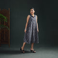 Grey - Pochampally Ikat Cotton Sleeveless Buttoned Down Long Dress for Women 14