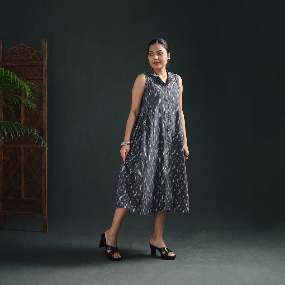 Grey - Pochampally Ikat Cotton Sleeveless Buttoned Down Long Dress for Women 14