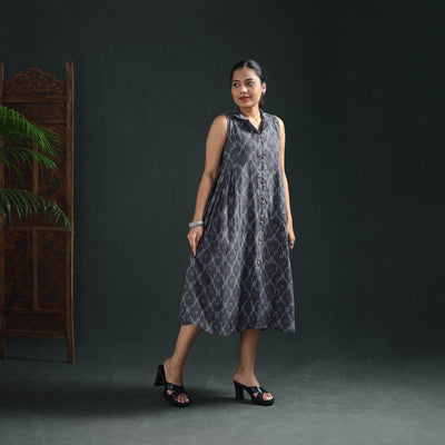 Grey - Pochampally Ikat Cotton Sleeveless Buttoned Down Long Dress for Women 14