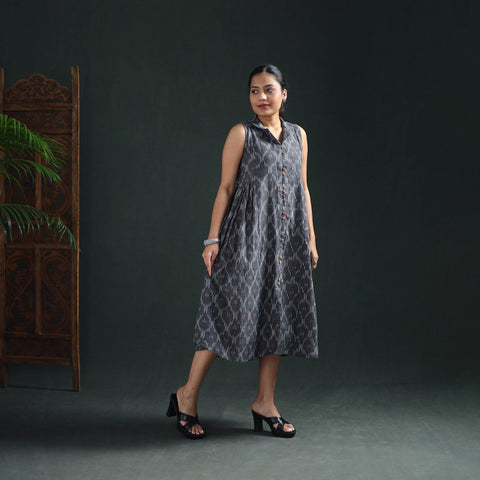 Grey - Pochampally Ikat Cotton Sleeveless Buttoned Down Long Dress for Women 14
