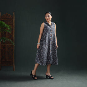 Grey - Pochampally Ikat Cotton Sleeveless Buttoned Down Long Dress for Women 14