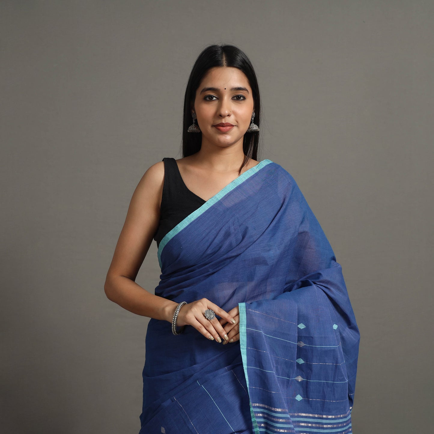 Blue - Jamdani Buti Zari Stripe Cotton Handloom Saree 79