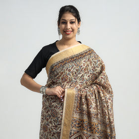 Brown Original Pedana Kalamkari Block Print Chanderi Silk Saree