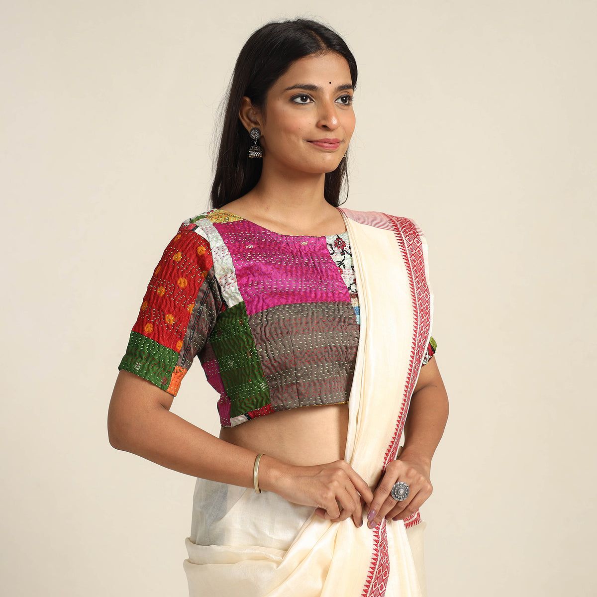 Multicolor - Hand Embroidery Silk Cotton Patchwork Kantha Stitch Blouse 01