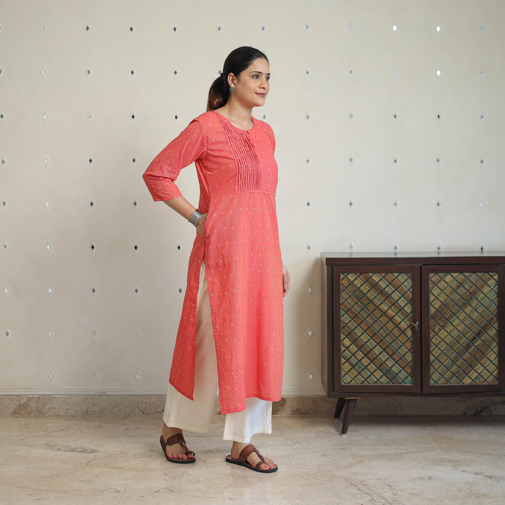 Peach - Jacquard Cotton Pintuck Straight Kurta 26