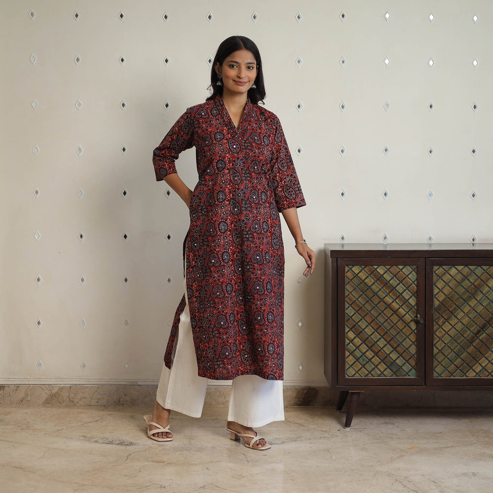 Sequins Work Cotton Straight Ajrakh Print Kurta 09