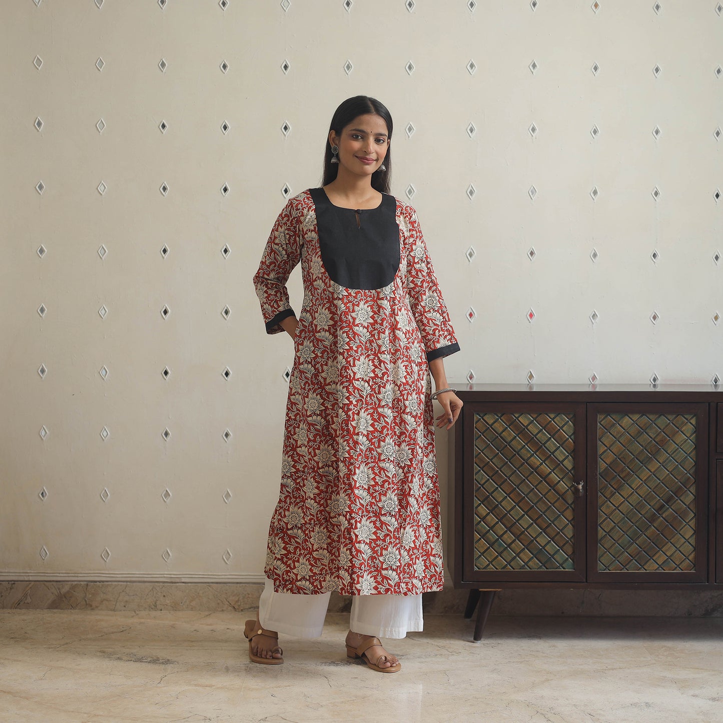 Red - Block Print Cotton Patchwork A-Line Sanganeri Kurta 07