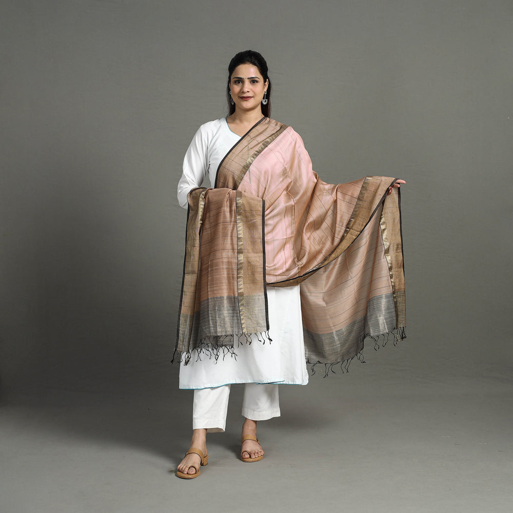 Brown - Handloom Silk Cotton Zari Work Stripe Maheshwari Dupatta 27