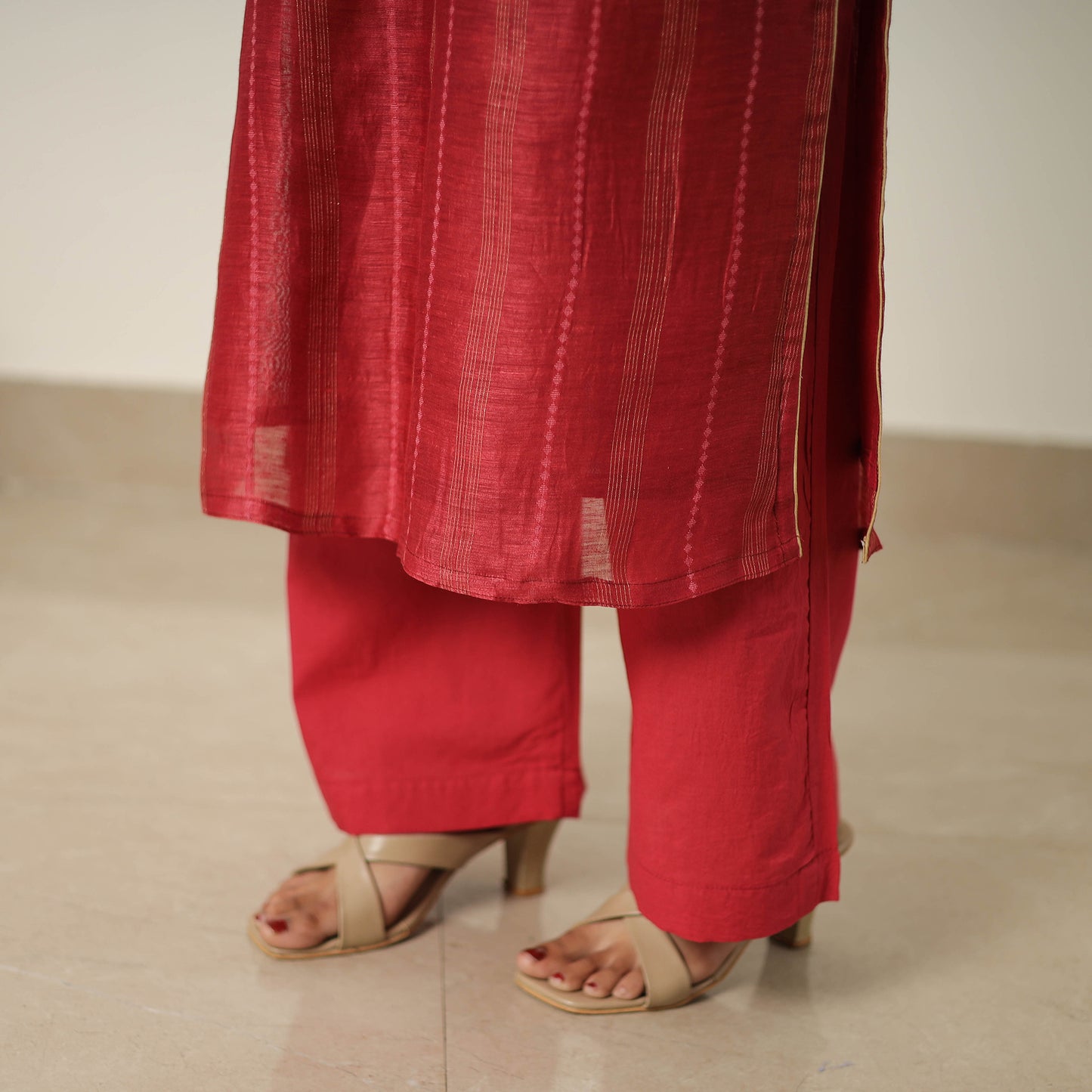 Red - Elegant Linen Silk Handloom Plain Kurta Set 08