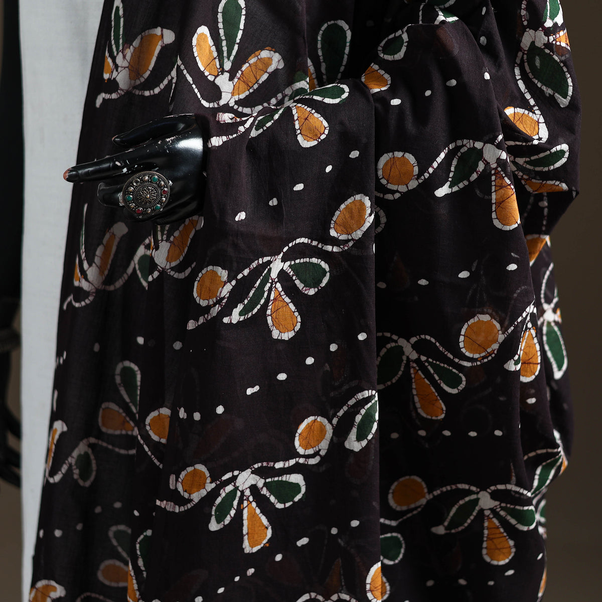 Black - hand batik print cotton dupatta 38 - handcrafted
