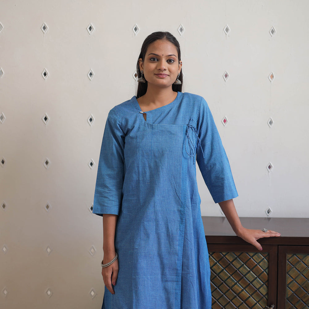 Blue - Handwoven Angrakha Checks Cotton Kurta 41