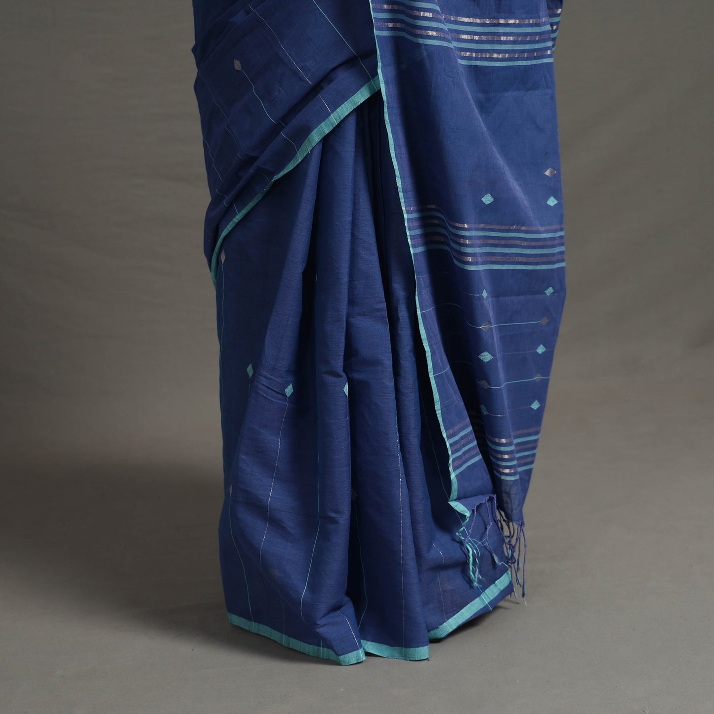 Blue - Jamdani Buti Zari Stripe Cotton Handloom Saree 79