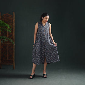 Grey - Pochampally Ikat Cotton Sleeveless Buttoned Down Long Dress for Women 14