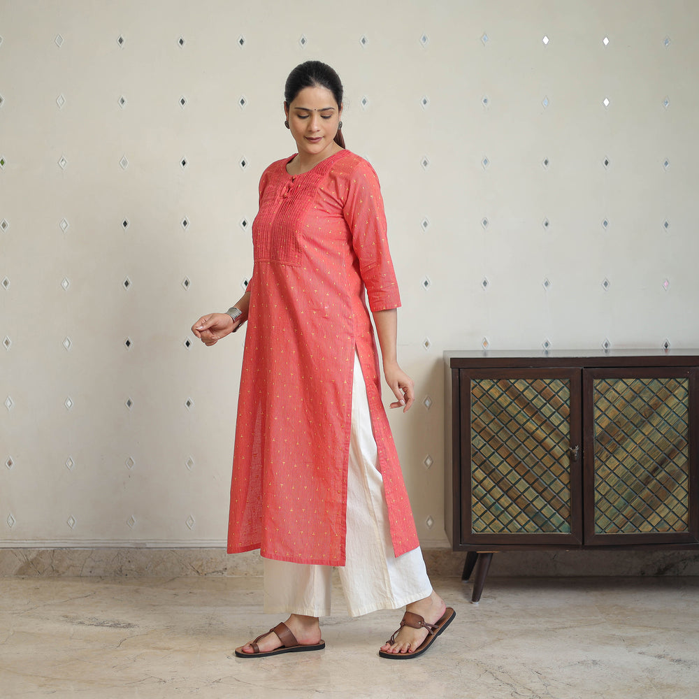 Peach - Jacquard Cotton Pintuck Straight Kurta 26