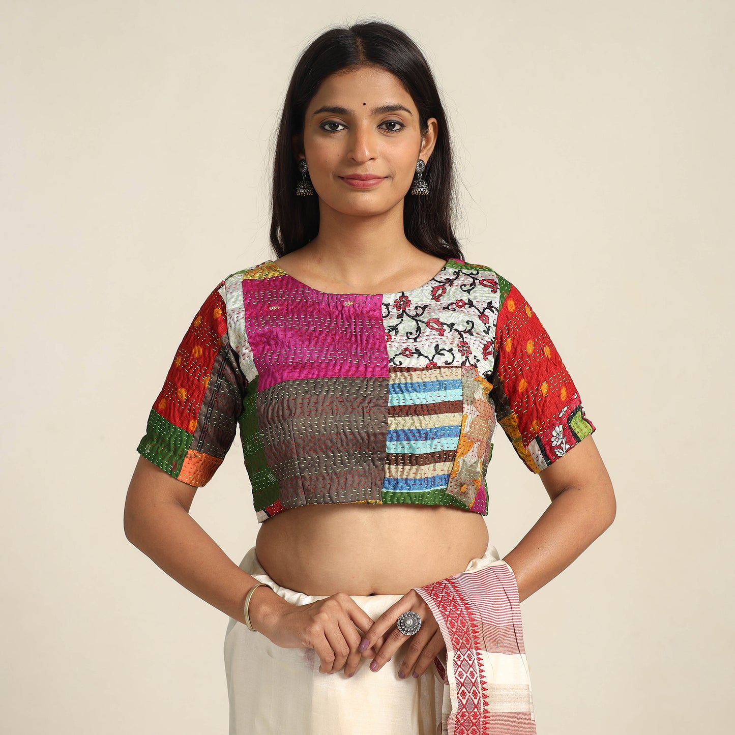 Multicolor - Hand Embroidery Silk Cotton Patchwork Kantha Stitch Blouse 01